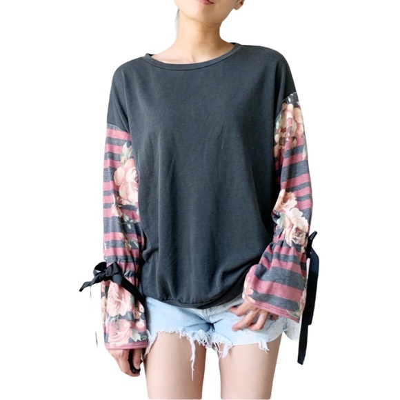 CHICBOMB Tops - FLORAL RIBBON CONTRAST TOP